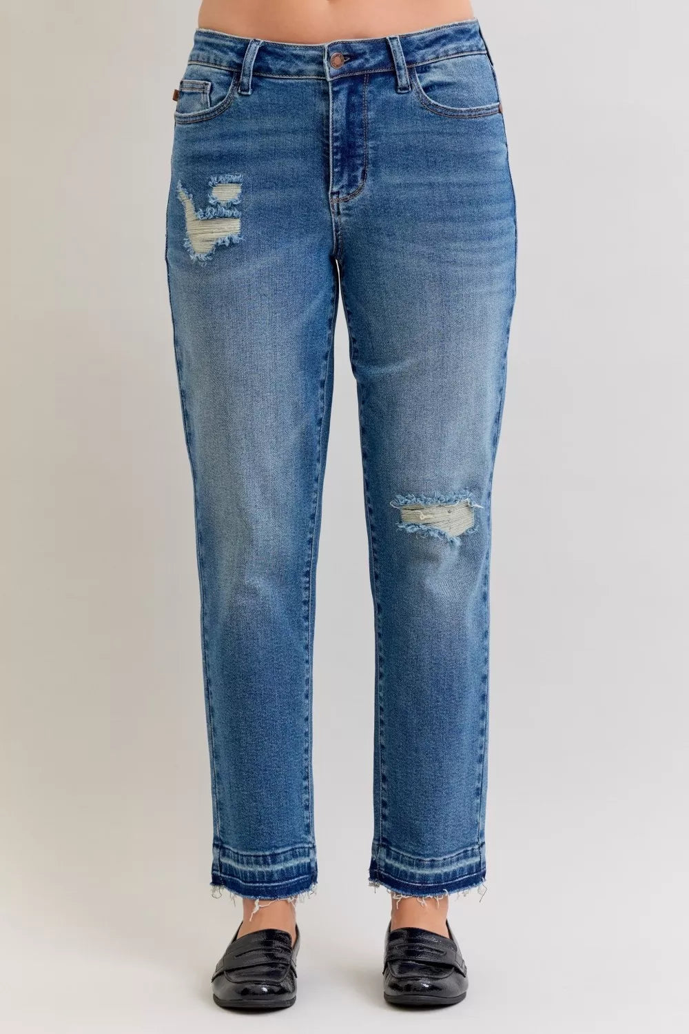 e0e89d73e6564107a836fe7281dc5ecf-Max-Origin Judy Blue Full Size Mid Rise Bf Patch & Repair Destroy Release Hem Jeans Plus Size - Image 1