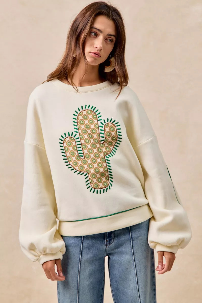 fb4f47b23d94490ca58631a773f7ff03-Max-Origin BiBi Cactus Embroidered Fleece Sweatshirt - Image 1