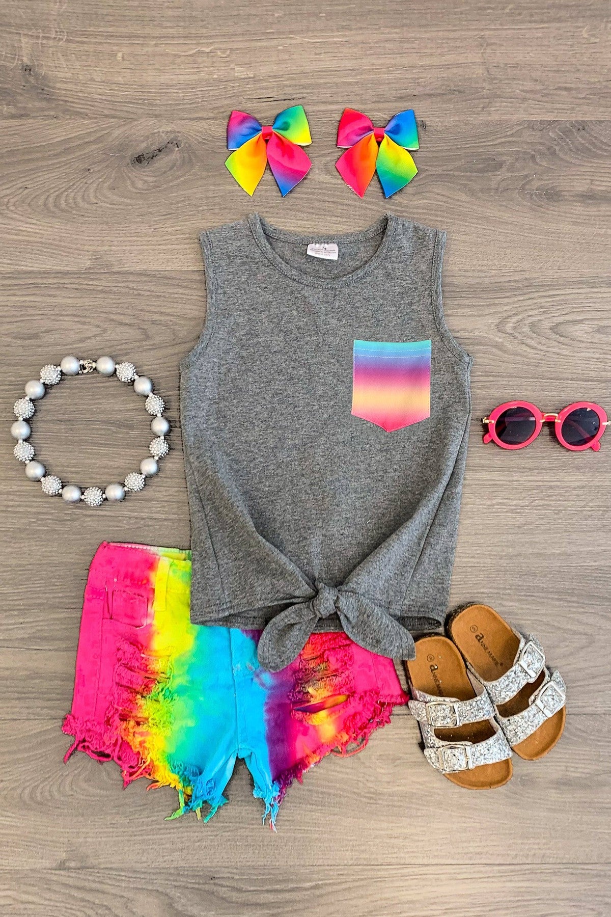 gray-rainbow-denim-short-set-outfit-sparkle-in-pink-28604150022218-Edit Gray & Rainbow Denim Short Set - Image 1