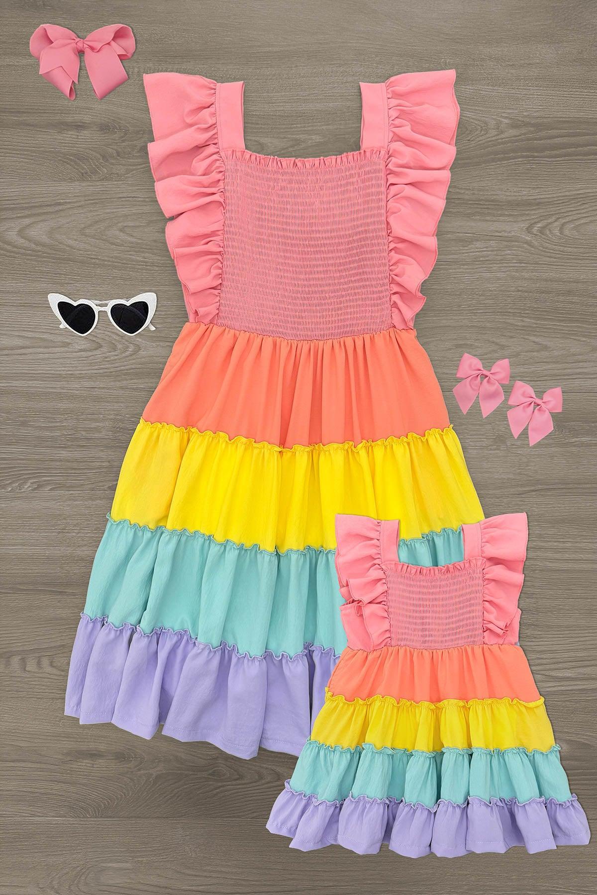 momandmerainbowtierdress Mom & Me - Rainbow Pastel Ruffle Dress - Image 1