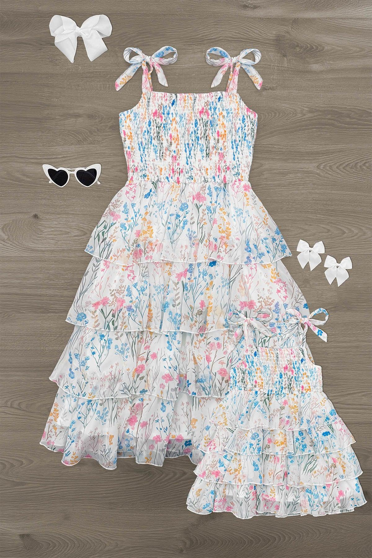 momandmewhitefloraltiedress Mom & Me - Spring Floral Ruffle Dress - Image 1