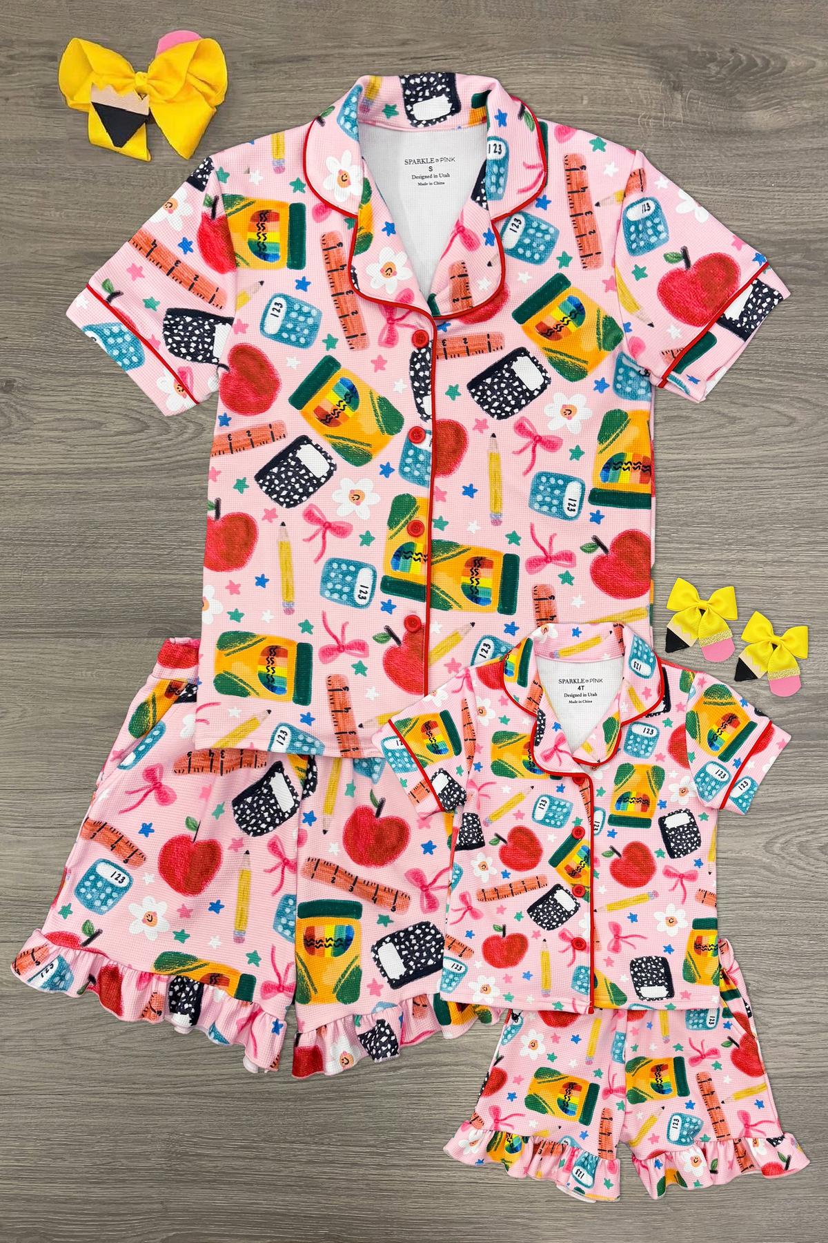 schoolmomandmepj Mom & Me - School Supply Waffle Knit Pajamas - Image 1