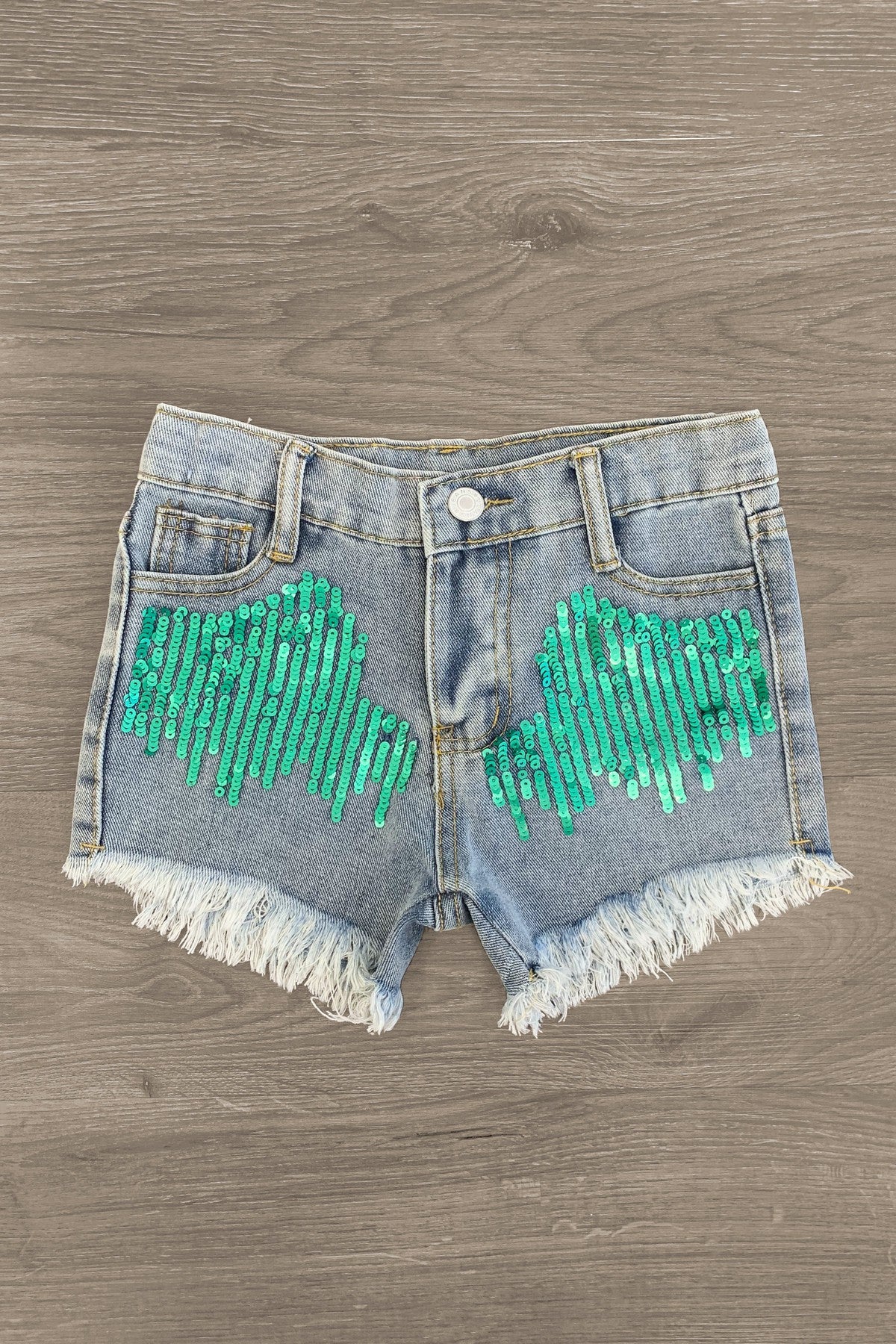turquoise-sequin-denim-shorts-bottom-sparkle-in-pink-102073 Mint Sequin Denim Shorts - Image 1