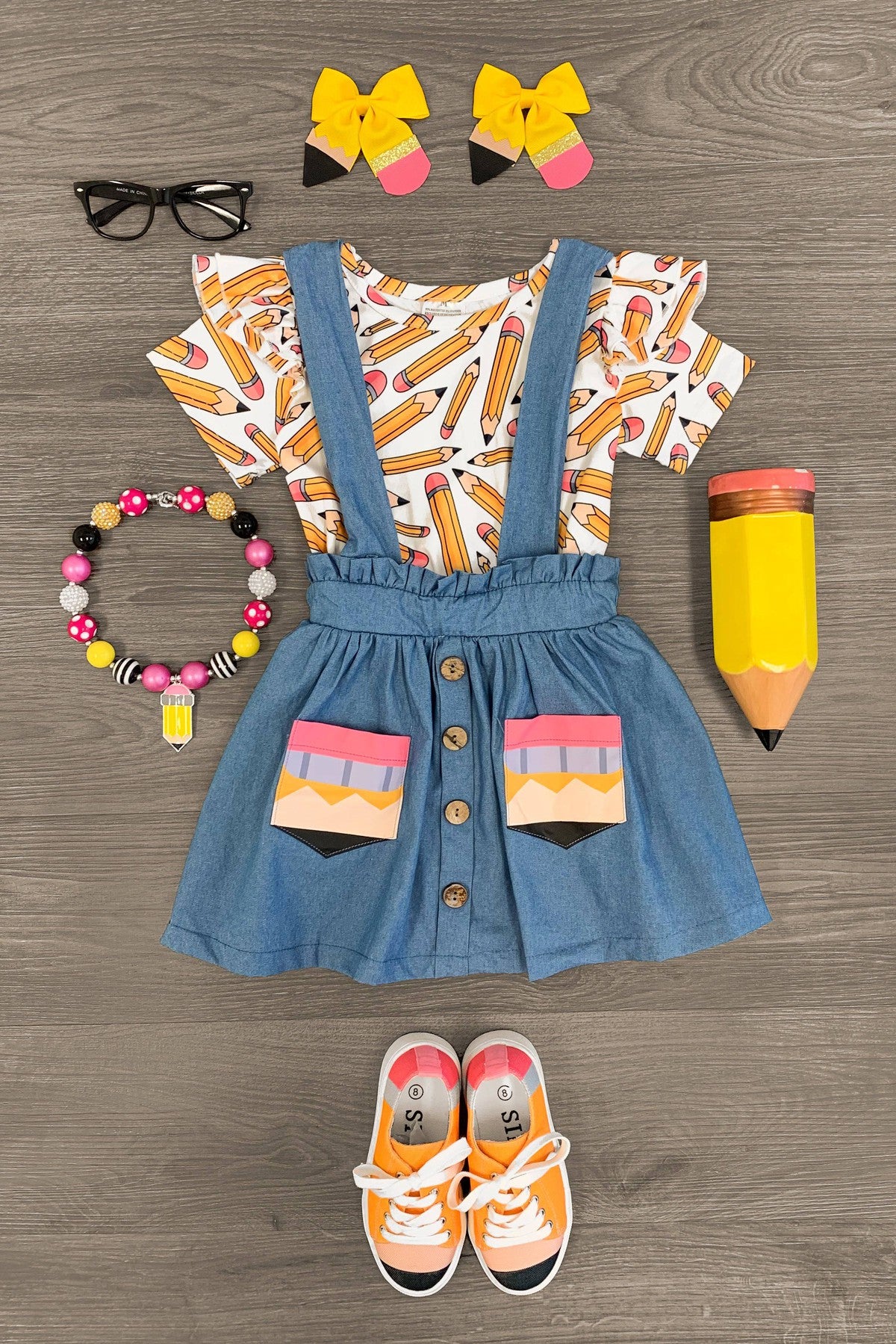 white-pencil-chambray-suspender-skirt-set-skirt-set-sparkle-in-pink-29149824876618 White Pencil Chambray Suspender Skirt Set - Image 1