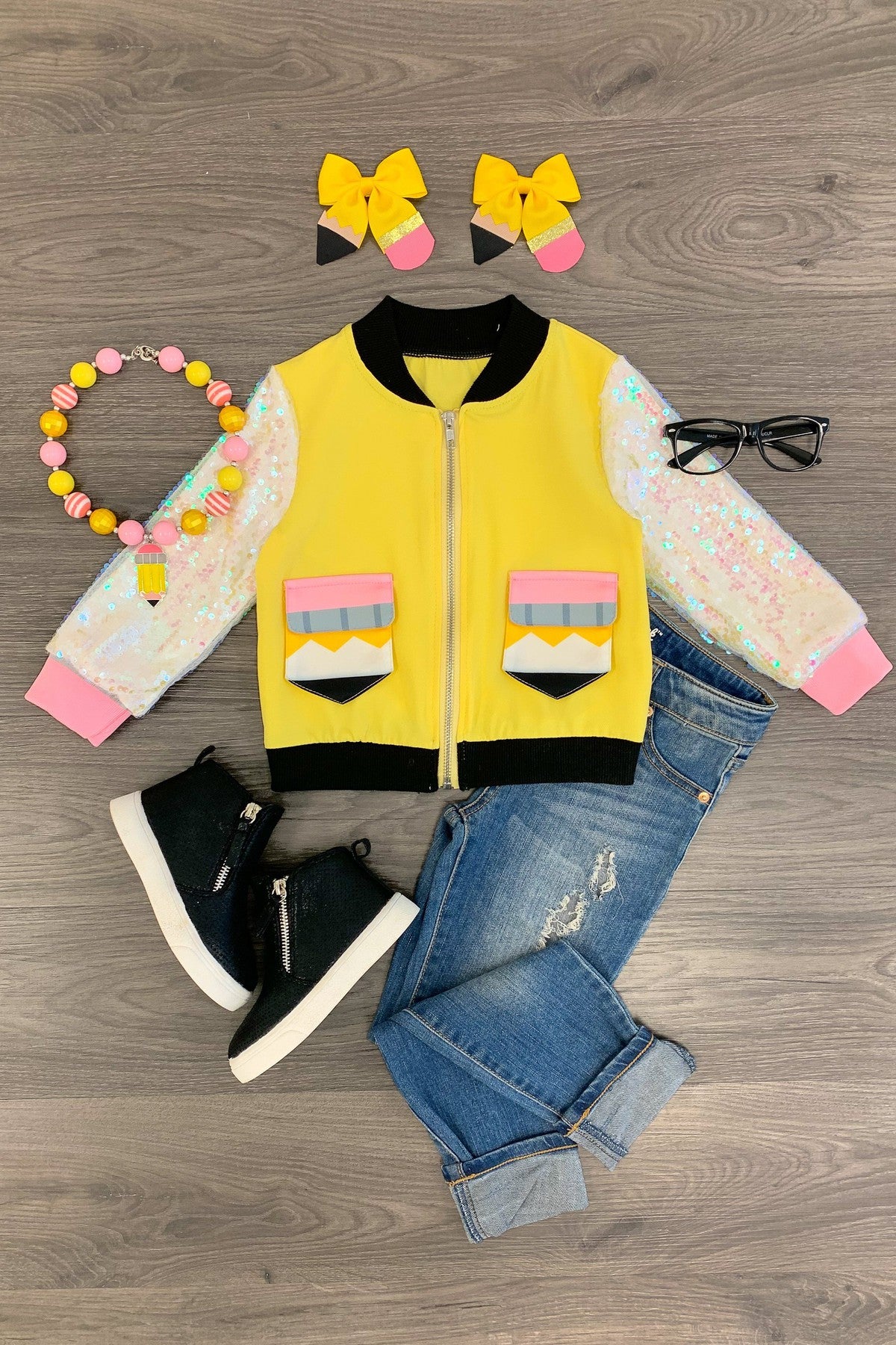 yellow-pencil-sequin-jacket-jacketvest-sparkle-in-pink-399359 Yellow Pencil Sequin Jacket - Image 1